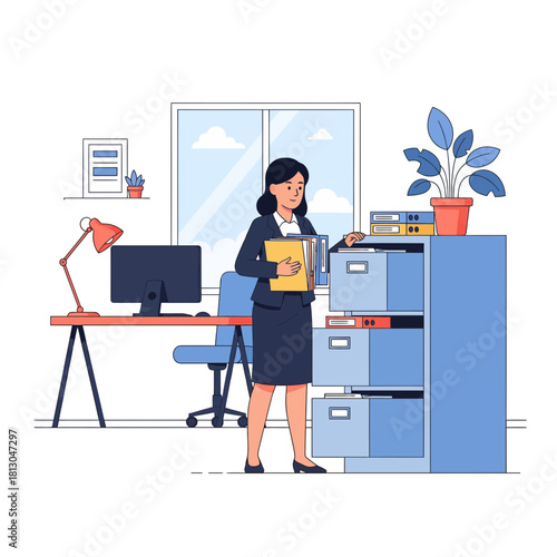 Professional businesswoman organizing files in a modern office, enhancing workplace efficiency and productivity, a symbol of organization and corporate success, scalable vector graphic