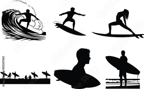 Surfing silhouettes with yoga, beach lifestyle, ocean waves, surfboards, tropical nature, summer adventure, group activity, vector art for coastal culture