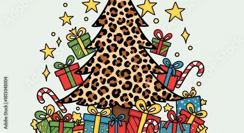 Leopard print christmas tree with gifts and candy canes