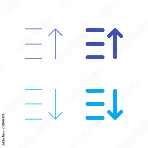 Flat Colored Sort Ascending and Sort Descending Icon Set in Outline and Solid Style for Data Ordering and Organization