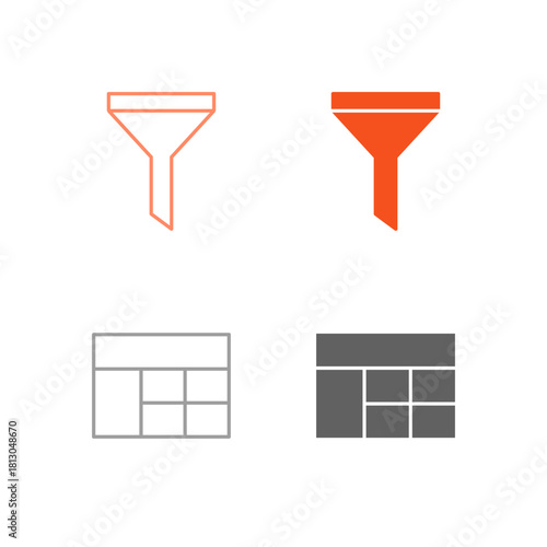 Flat Colored Filter and Table Icon Set in Outline and Solid Style for Data Organization and Management