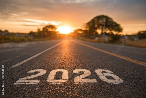 Wallpaper Mural 2026 Road Marking with Sunrise – New Year Journey and Future Goal Concept Torontodigital.ca