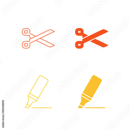 Flat Colored Cut and Edit Icon Set in Outline and Solid Style for Content Modification and Refinement