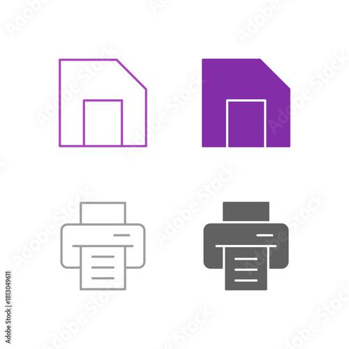 Flat Colored Save and Print Icon Set in Outline and Solid Style for File Management and Hard Copy Output