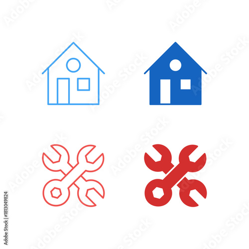 Flat Colored Home and Settings Icon Set in Outline and Solid Style for System Navigation
