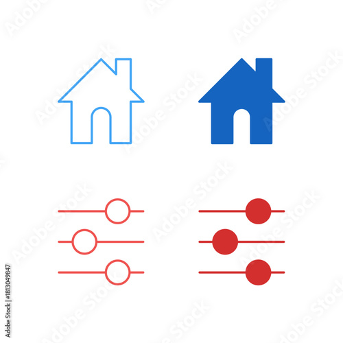 Flat Colored Home and Settings Icon Set in Outline and Solid Style for System Navigation