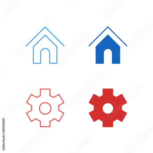 Flat Colored Home and Settings Icon Set in Outline and Solid Style for System Navigation
