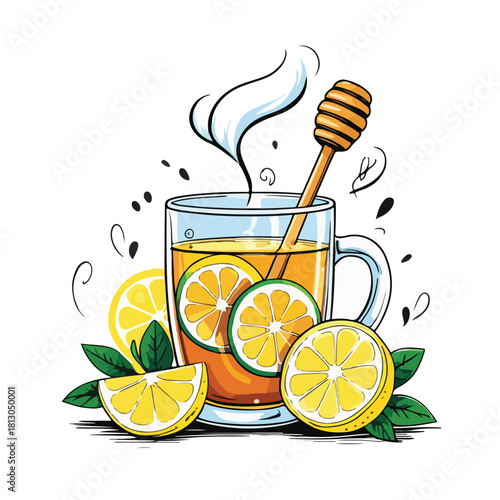 honey lemon tea in a glass mug with lemon slices, honey dipper