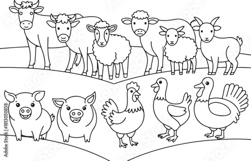 Farm animal group coloring page illustration art