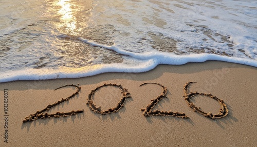 Message Year 2025 replaced by 2026 text written on beach sand background. Good bye 2025 - 2026 happy New Year coming concept. top view.