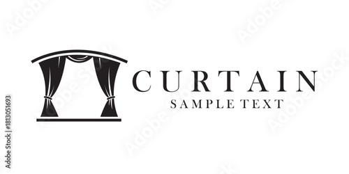 black icon of theatrical scene with curtains isolated on white background