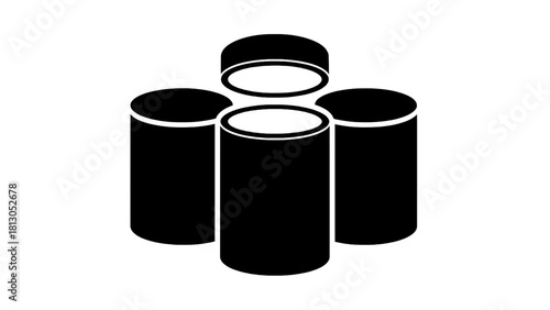 Vector illustration of black and white icon graphic of four cylindrical containers or barrels, one with an open lid above it on transparent background