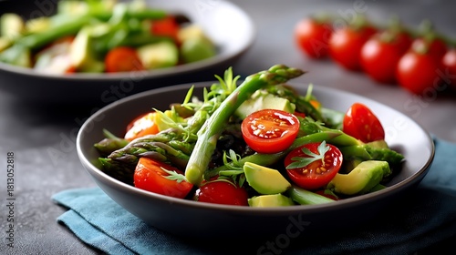 Fresh Colorful Salad Bowl with Cherry Tomatoes and Asparagus on Dark Background