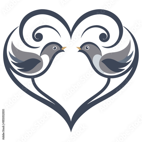 Love Birds in Heart: Two charming lovebirds perch delicately within a heart-shaped embrace, symbolizing affection, devotion, and eternal romance. Capturing a timeless expression of love.
