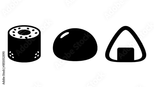 Vector illustration of black and white icon set representing sushi roll, mochi, and onigiri isolated on transparent background 
