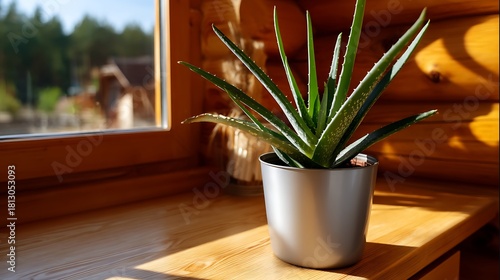 Potted Aloe Vera Plant on Wooden Table Next to Window with Natural Light