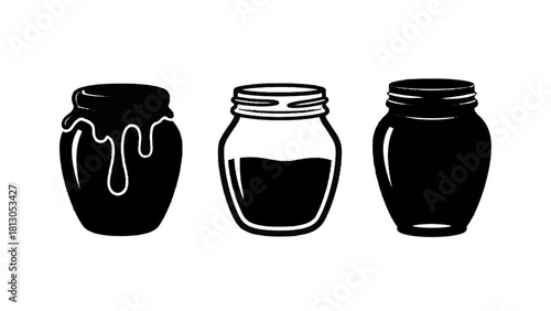Vector illustration of three black silhouette icons of honey jars with dripping honey, isolated on transparent background 