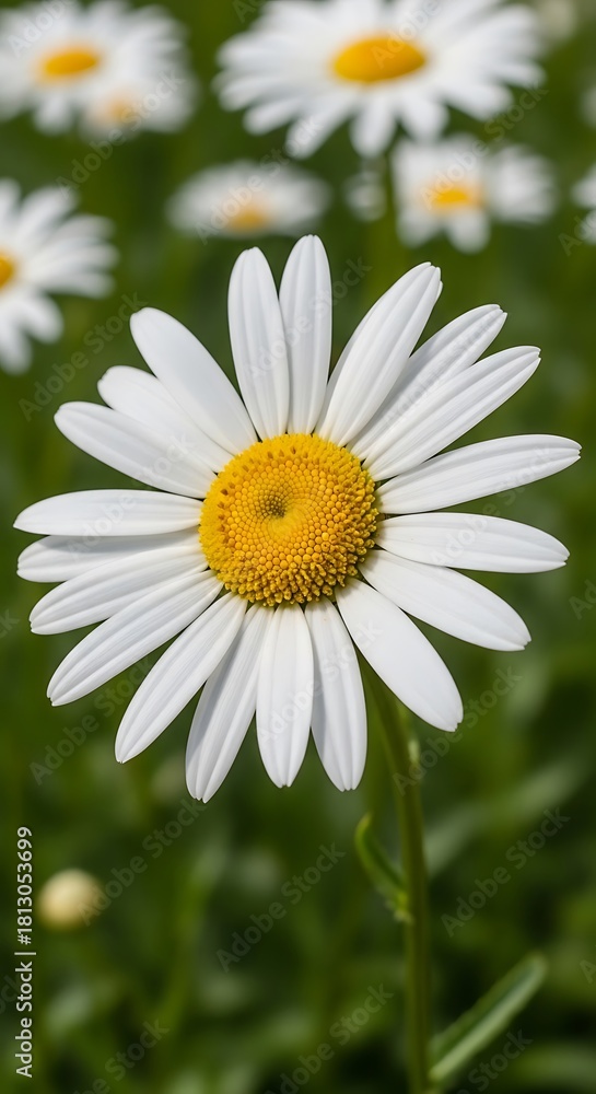 Fototapeta premium White daisy with yellow center blooms in a green field.
