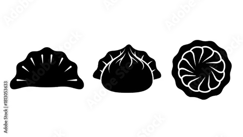Vector illustration of set of three black and white dumpling icons representing different styles of asian food isolated on transparent background 
