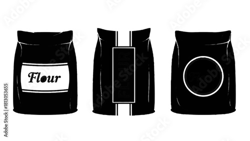 Vector illustration of set of three black and white flour bag icons or labels in different minimalist design styles on transparent background