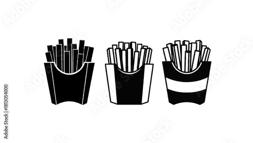 Vector illustration of three different black and white icon set of french fries in paper container isolated on transparent background 