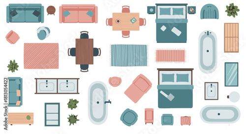 top view furniture and home decor elements organized as graphic resources for architectural floor plans illustrating modern interior design layouts and stylish room arrangements.