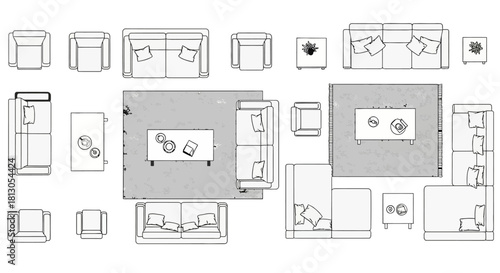 top view furniture for interior design layouts featuring sofas and armchairs ideal for architectural floor plans.