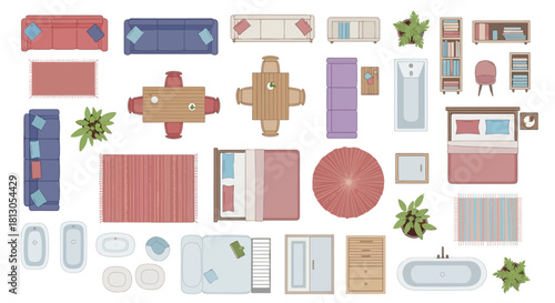 plan view furniture household items collection for interior design architectural blueprints and home planning.