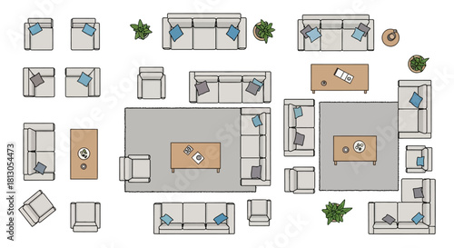 top view furniture layout illustrating living room arrangements including sofas armchairs and tables for modern interior design.