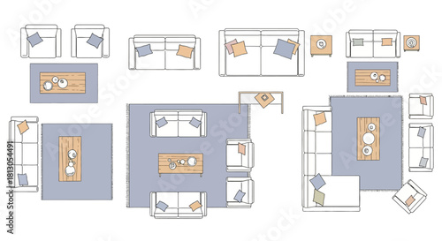 top view living room layout options illustrating diverse furniture arrangements for modern apartment planning and interior design blueprints.