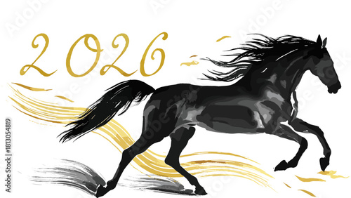 黒い和風水墨画の馬が新年の空へ金の馬がきらきら駆ける希望の瞬間と新年を祝う金色の風