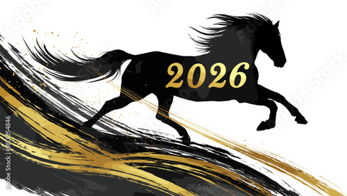 黒い和風水墨画の馬が新年の空へ金の馬がきらきら駆ける希望の瞬間と新年を祝う金色の風
