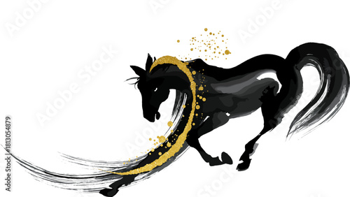 黒い和風水墨画の馬が新年の空へ金の馬がきらきら駆ける希望の瞬間と新年を祝う金色の風