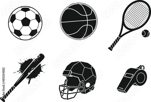 Sports equipment vector illustration set with soccer ball, basketball, tennis racket, baseball bat, helmet, and whistle isolated design