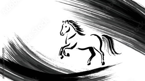 黒い和風水墨画の馬が新年の空へ金の馬がきらきら駆ける希望の瞬間と新年を祝う金色の風