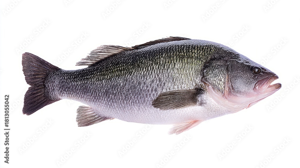Naklejka premium seabass. A fresh sea bass fish with detailed scales, isolated on a clean white background. wildlife magazines, conservation campaigns, designed for wildlife conservation campaigns.