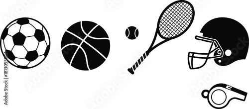 Sports equipment vector illustration with soccer ball, basketball, tennis racket, baseball, football helmet, and whistle in black silhouette design