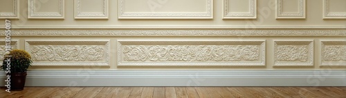 Modern beige wall with decorative baseboard concept. Elegant interior wall design with fine moldings and decor.