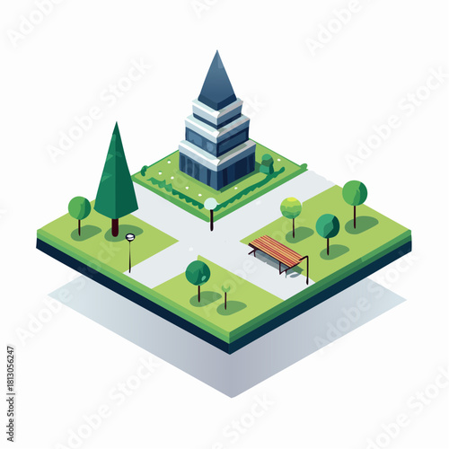 Isometric illustration of a park with modern pavilion and green trees