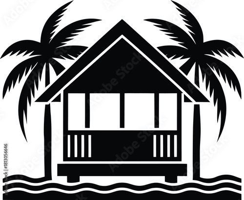 Tropical beach house verandah icon with palm trees and ocean view