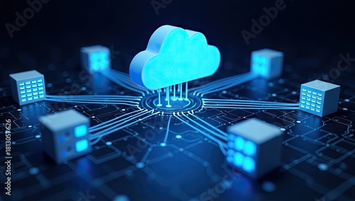 Digital depiction showcasing a cloud computing concept, with a 3D rendered cloud in the center connected to multiple data centers in a network configuration, emphasizing data storage and the...