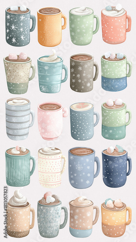 Whimsical watercolor illustration of various Christmas themed hot cocoa mugs, each uniquely decorated with snowflakes, marshmallows, and whipped cream, evoking cozy holiday spirit