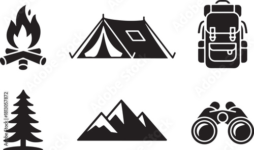 Camping adventure icons ready for exploration fun