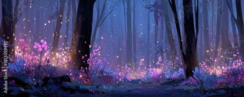 Fantasy forest plant anime background woodland scene concept. A magical forest scene with glowing flowers under a twilight sky.