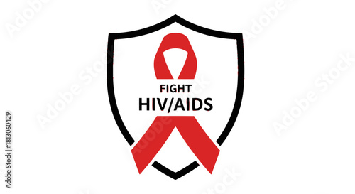 Red Ribbon HIV AIDS Awareness Shield Logo Design.