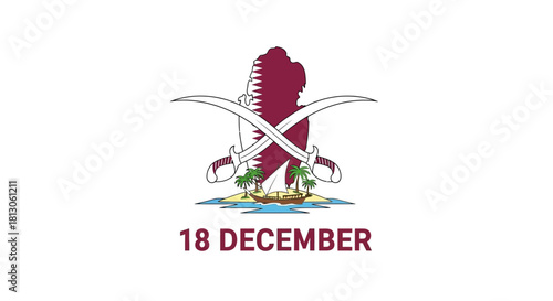 Qatar National Day emblem with crossed swords and palm trees.