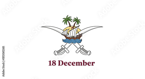 Emblem of Qatar National Day with Crossed Swords and Palm Trees.