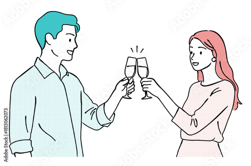 シャンパングラスで乾杯する男女,パーティ,お祝い,記念日,デート,カップル,シンプル,ベクター
