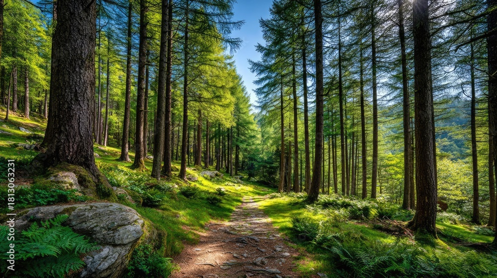 Fototapeta premium Forest managed sustainably with fsc certification concept. Serene forest path surrounded by lush greenery and tall trees.