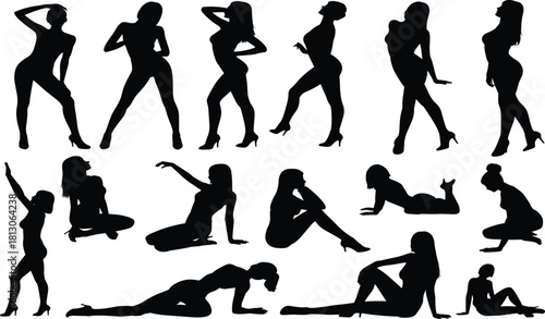 Stylized female silhouette poses in high heels showcasing elegance, gesture, posture, and fashion reference for vector art and design inspiration.